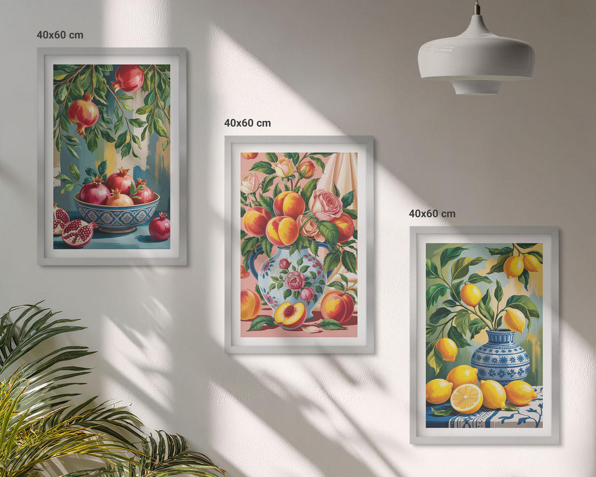 BILDER SET 3er Set - 40x60 cm Silberner Rahmen - Fruchtzusammensetzung von Granatäpfeln - Silberfarben, Kunststoff (40/60cm) - TULUP