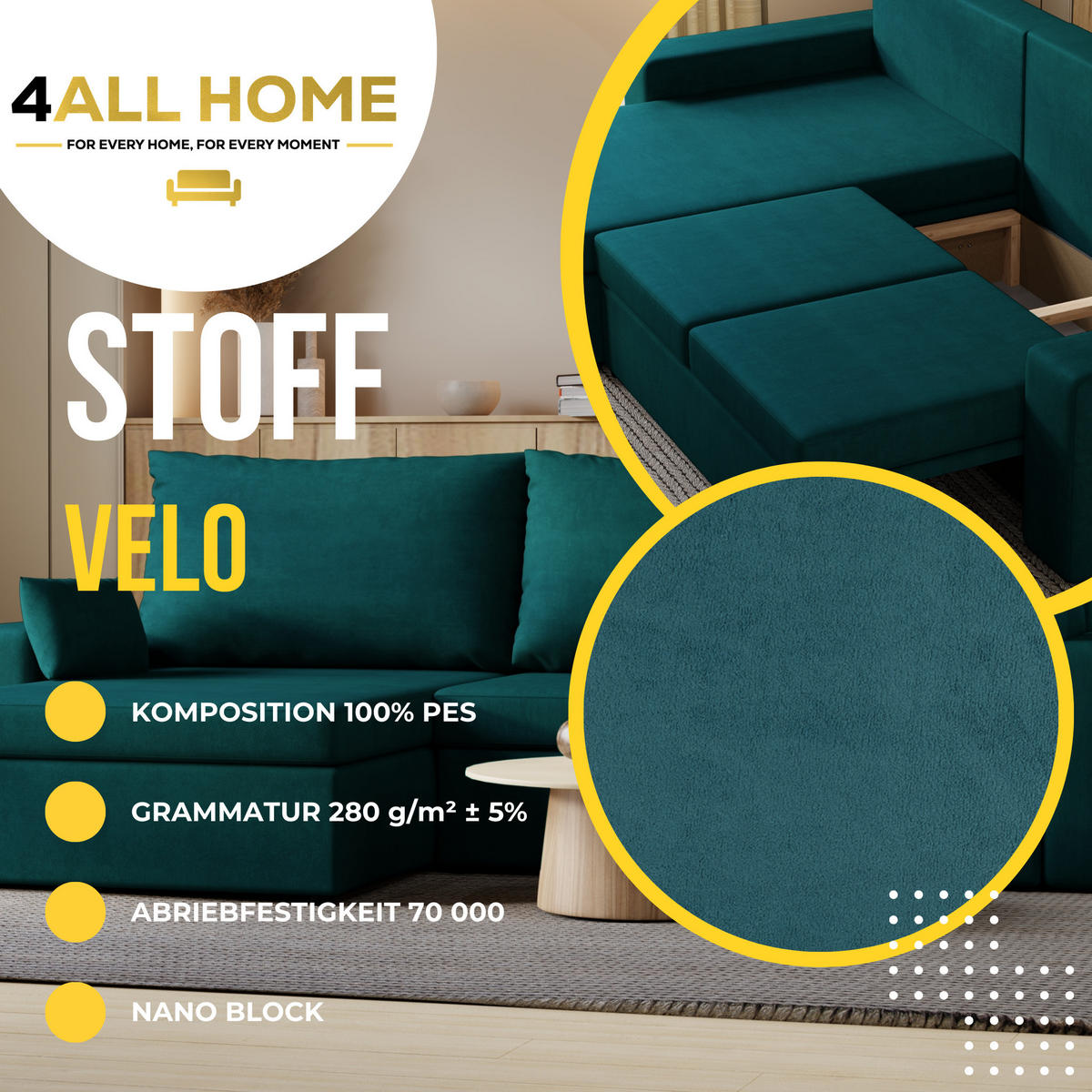 ECKSOFA Paco mit Bettkasten und Schlaffunktion, L-Form/XL-Form, Velourstoff, Universal - Türkis, Holzwerkstoff (276/145cm) - 4ALL HOME
