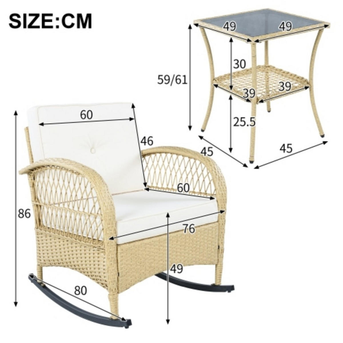 BALKONSET 3-tlg,BISTRO SET,PE-Rattan Schaukelstuhl,für 2 Personen,Weiß - Weiß, Metall - LVHOM