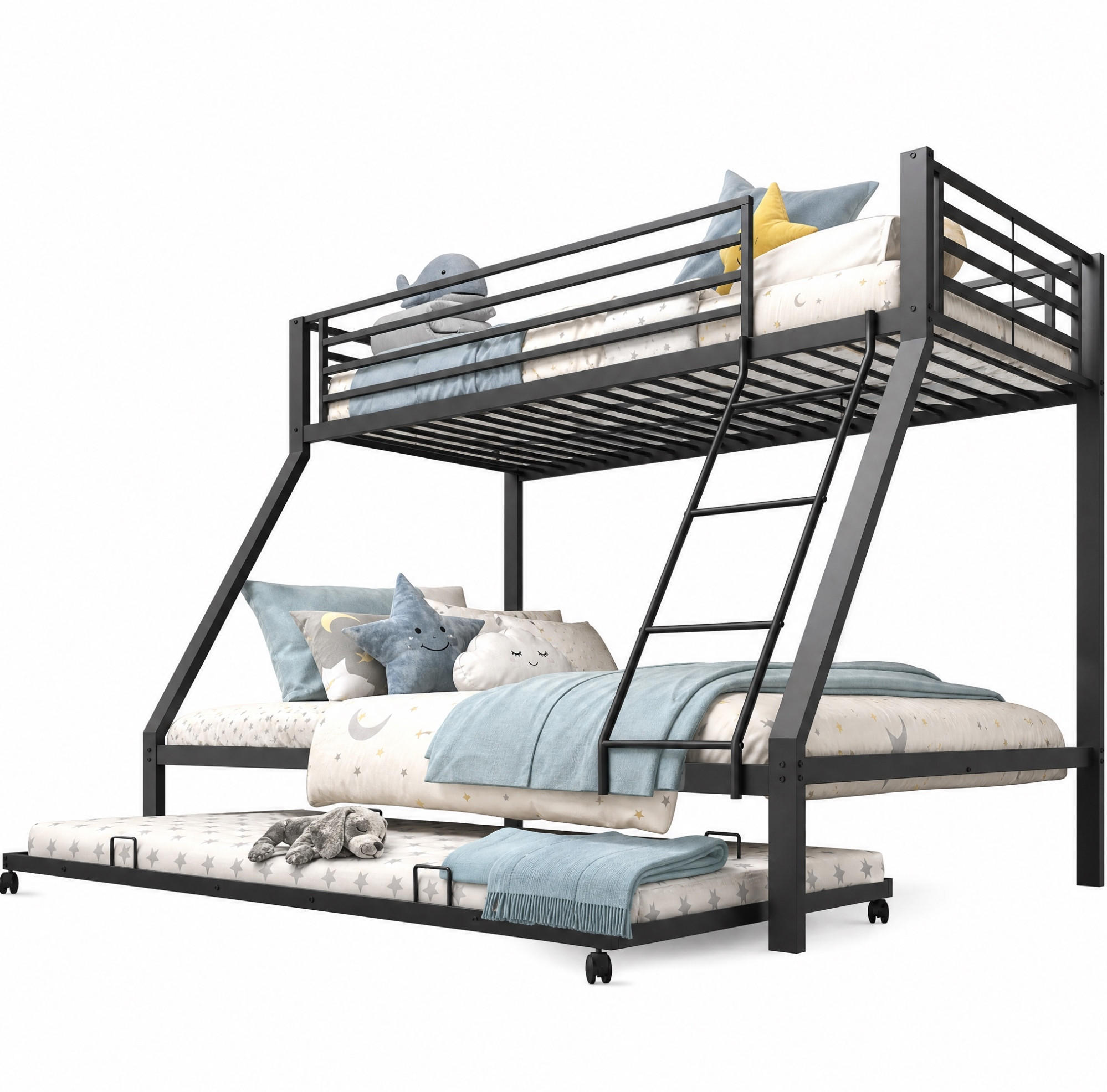 ETAGENBETT aus Metall 90/140x200 cm Schwarz mit Ausziehbett, hohe Belastbarkeit und 3 Schlafplätze - Schwarz, Metall (140/200cm) - Modfu