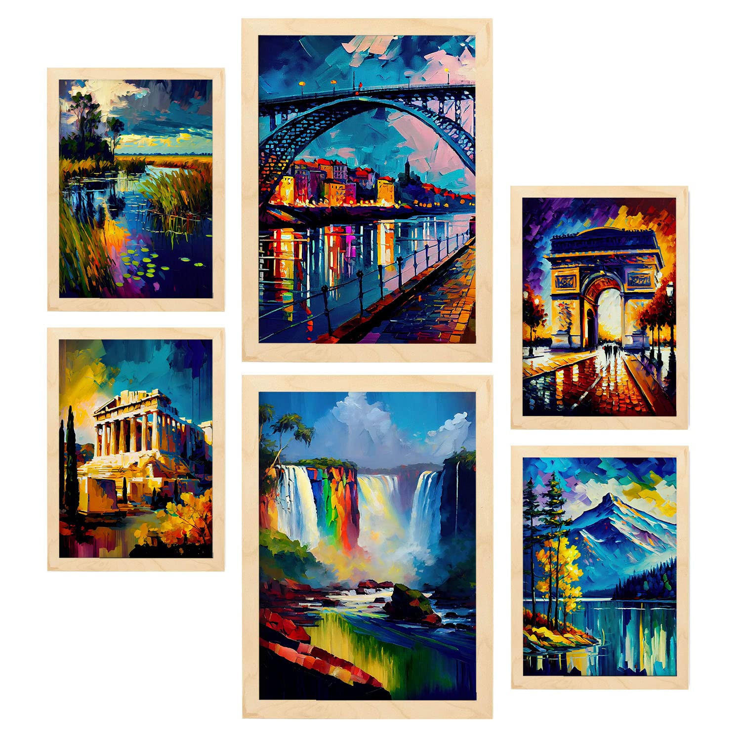 POSTER Set Mit 6 Regenbogen Im Ölgemälde Stil A3 & A4 Rahmen Aus Hellem Holz - Beige, Papier (29/3cm) - Nacnic