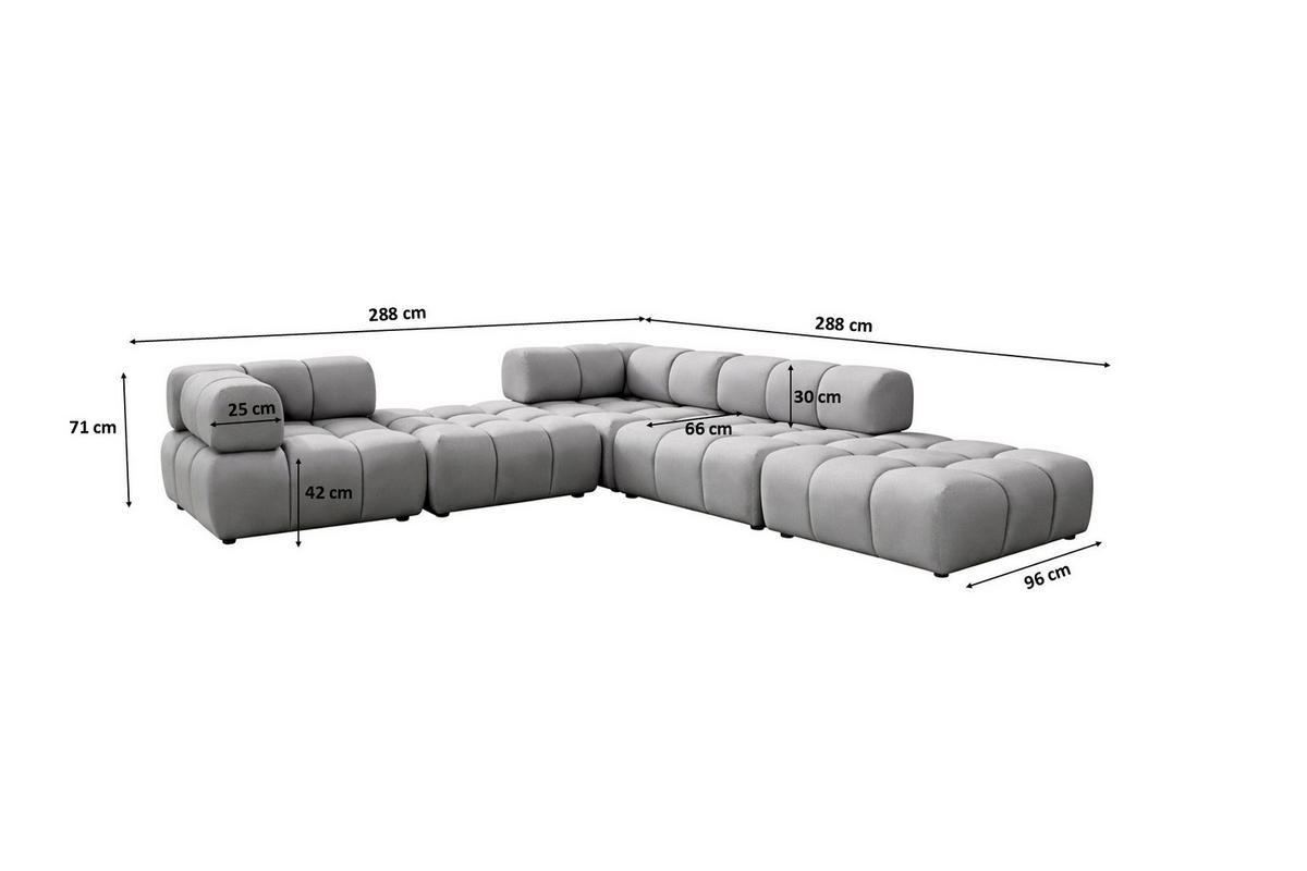 ECKSOFA Corner Modular, Veloursstoff Bluvel, Grau, Rechts, Bolla - Grau, Holz (288/288cm) - Kaiser Möbel