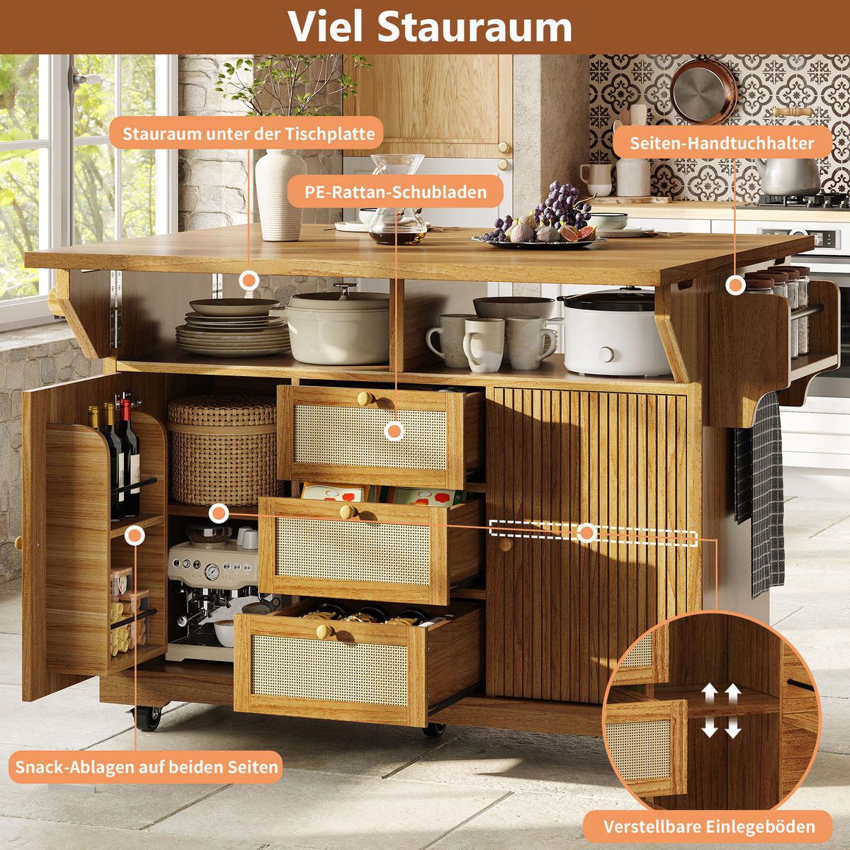 KÜCHENINSEL Ausklappbar Küchenwagen PE Rattan Dunkelbraun - Dunkelbraun, Holzwerkstoff (142.5/95/80cm) - FLIEKS