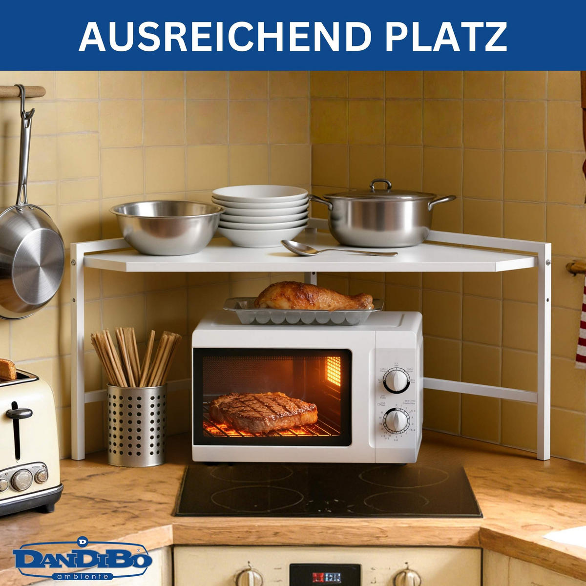 MIKROWELLENREGAL Eckregal Küche Stehend Arbeitsplatte 72x72 cm Weiß 2 Stufig 96689 - Weiß, Metall (72/46/72cm) - DanDiBo