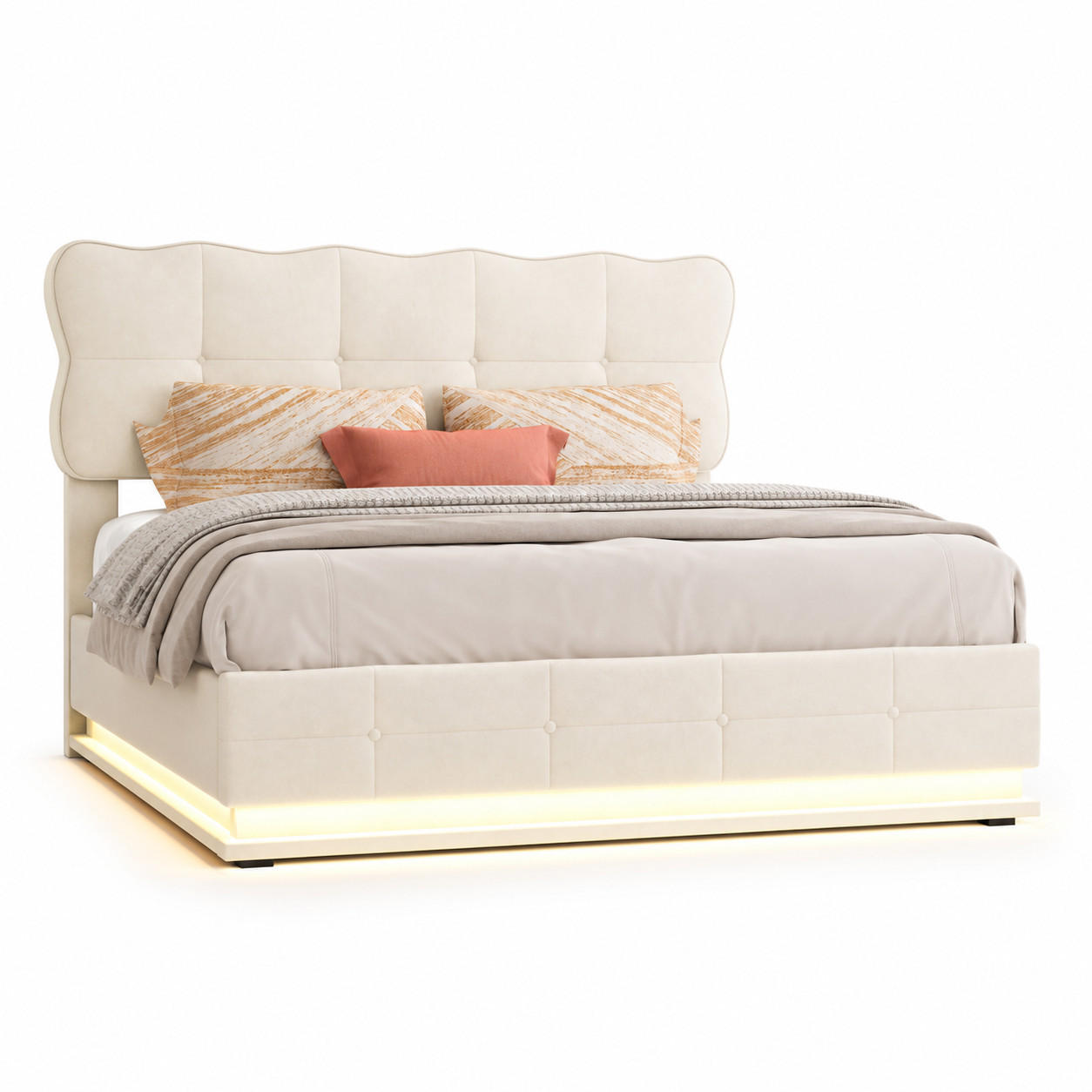 POLSTERBETT 160/200 cm mit LED-Beleuchtung - Beige, Holz/Metall (160/200cm) - Joyfair