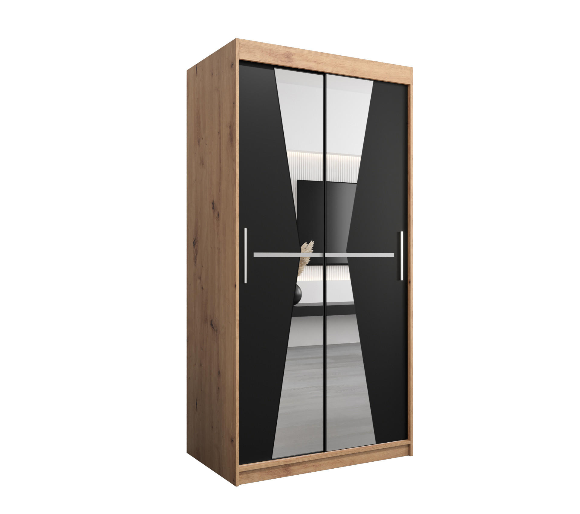 Abiks Möbel Schwebetürenschrank Eiche Artisan, Schwarz 100x200x62 cm