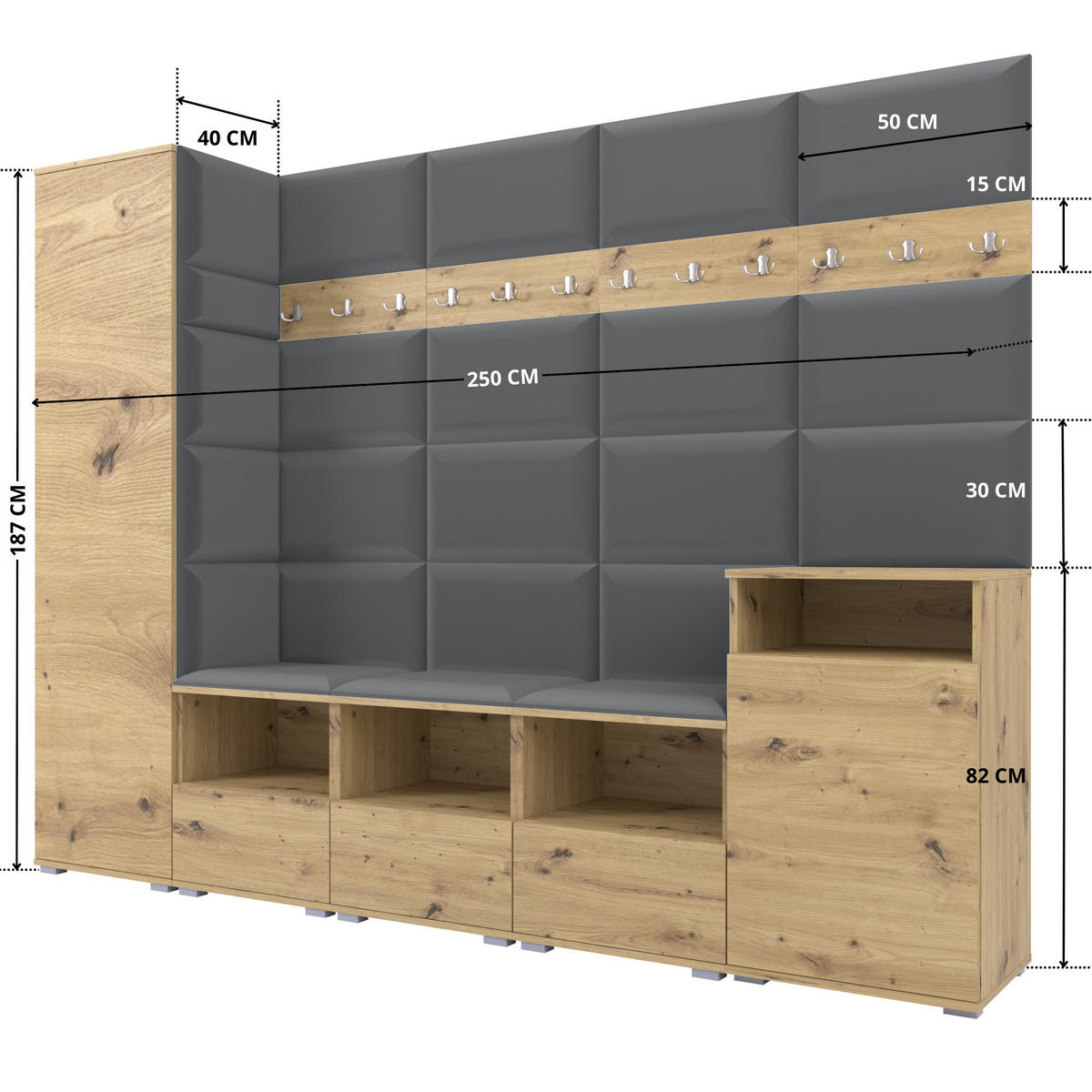 GARDEROBE NELA XI 250 cm (Modulare Flurmöbel Artisan Eiche mit Sitzpolster Dunkelgrau 15 Großes Set) - Dunkelgrau/Silberfarben, Holz/Holzwerkstoff (250/187/40cm) - Ravio