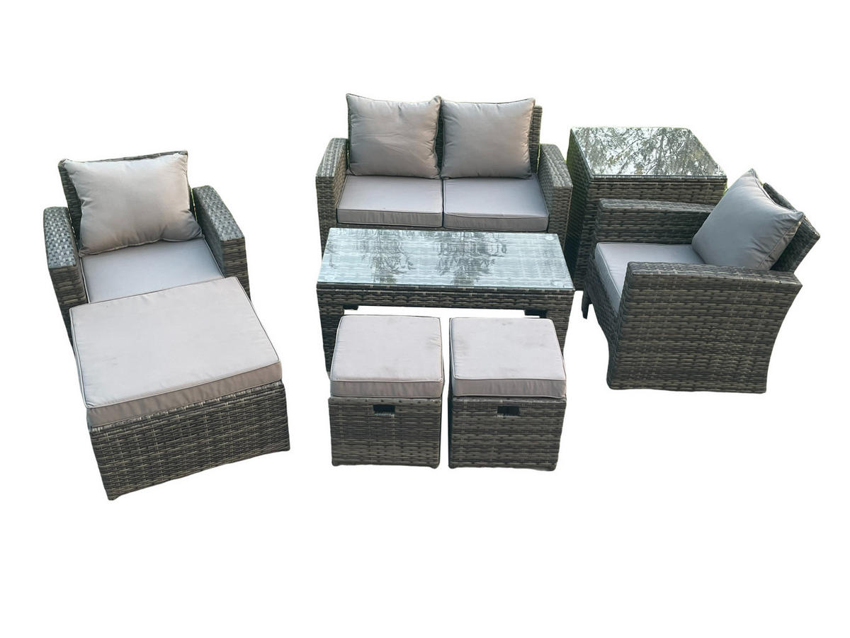 GARTEN-SOFA-SET MIT COUCHTISCH 3 HOCKER BEISTELLTISCH Polyrattan Dunkelgrau Gemischt 7-Sitzer - Dunkelgrau, Metall - Fimous