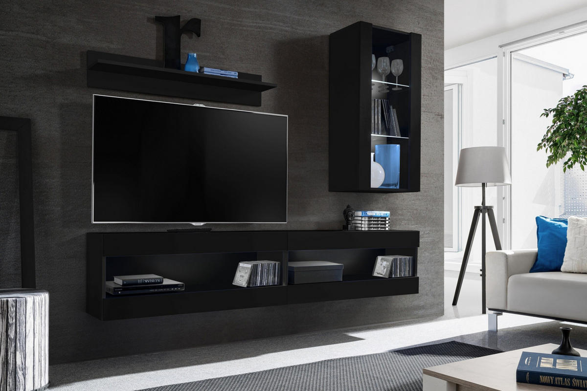 WOHNWAND 4-er Set, TIVOLI SET5 Schwarz + Schwarz, Offener Raum - Schwarz, Glas/Holzwerkstoff (240/195/35cm) - Komodee