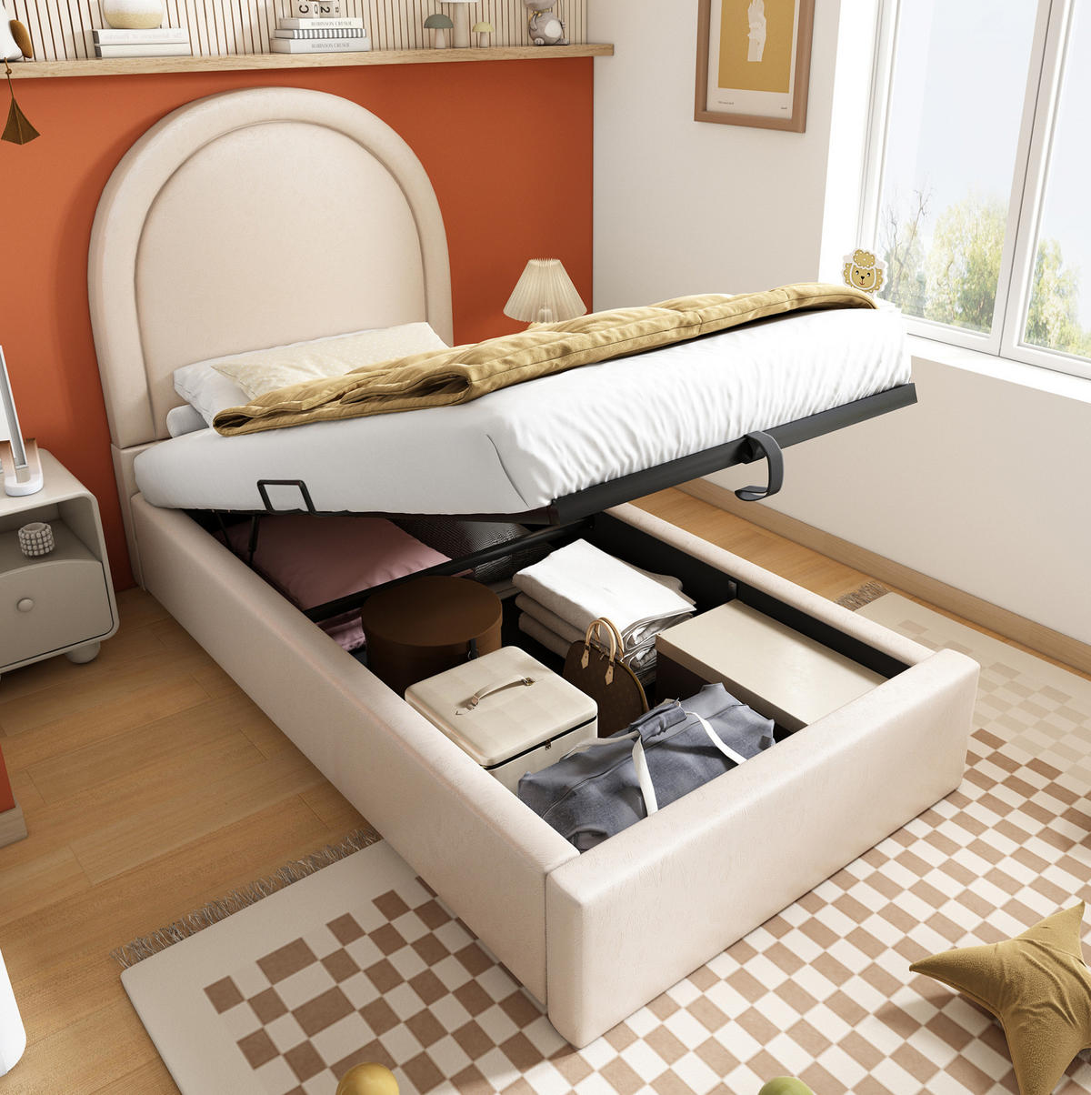KINDEREINZELBETTEN aus Kunstleder 90x190 cm in Beige mit Stauraum - Beige, Leder (90/190cm) - Modfu