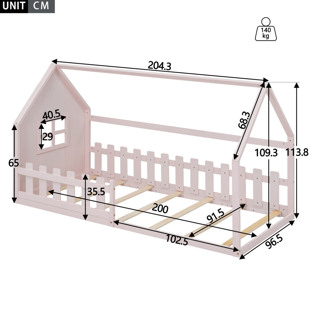 POSTELJA v obliki hiše 90/200 cm roza za otroško sobo iz bora in MDF - roza, les (90/200cm) - OKWISH