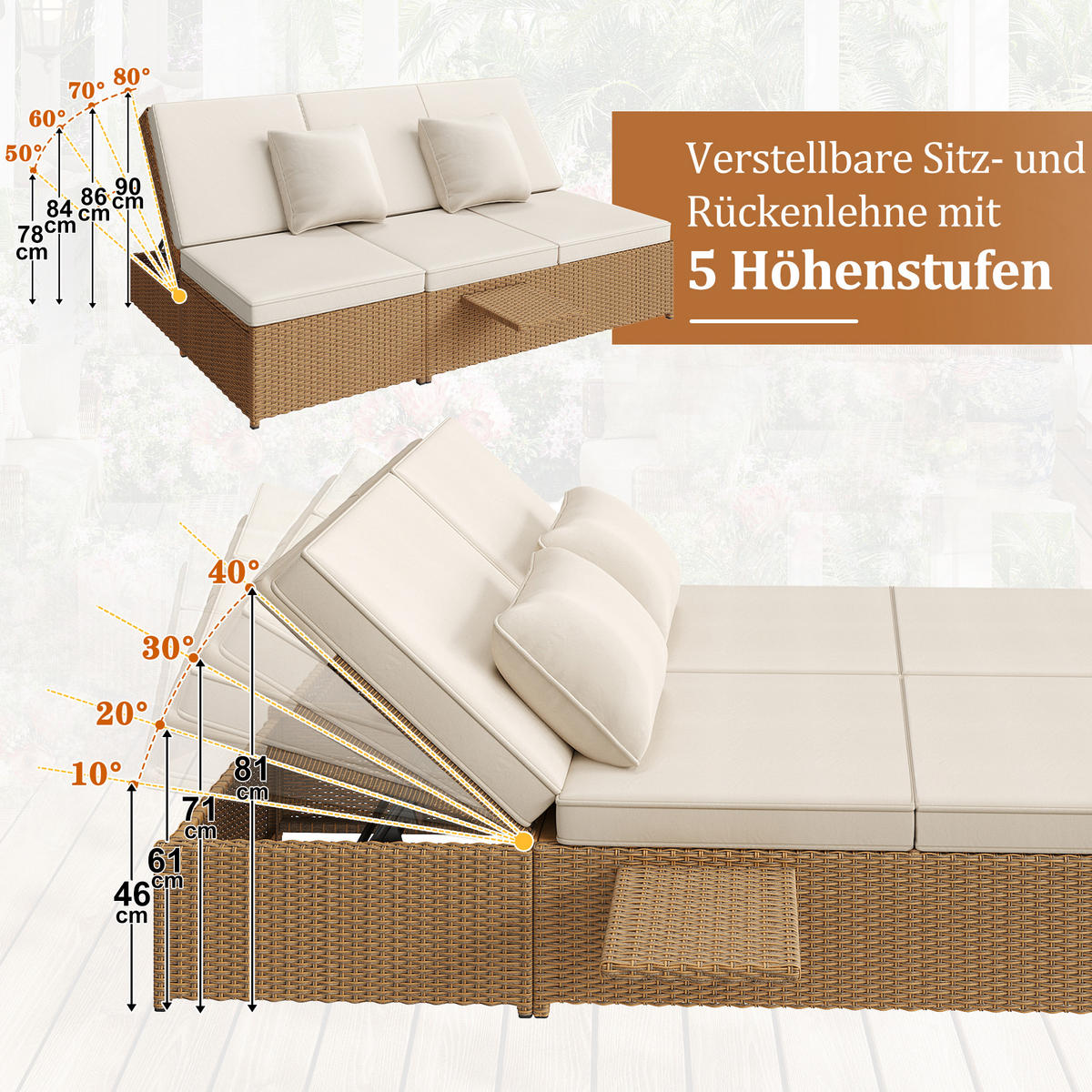 DOPPEL-SONNENLIEGE 199 cm Polyrattan Natur Gartenliege für 2 Personen mit verstellbarer Rückenlehne & Polster - Weiß, Metall (199/37/120cm) - Urban Meuble