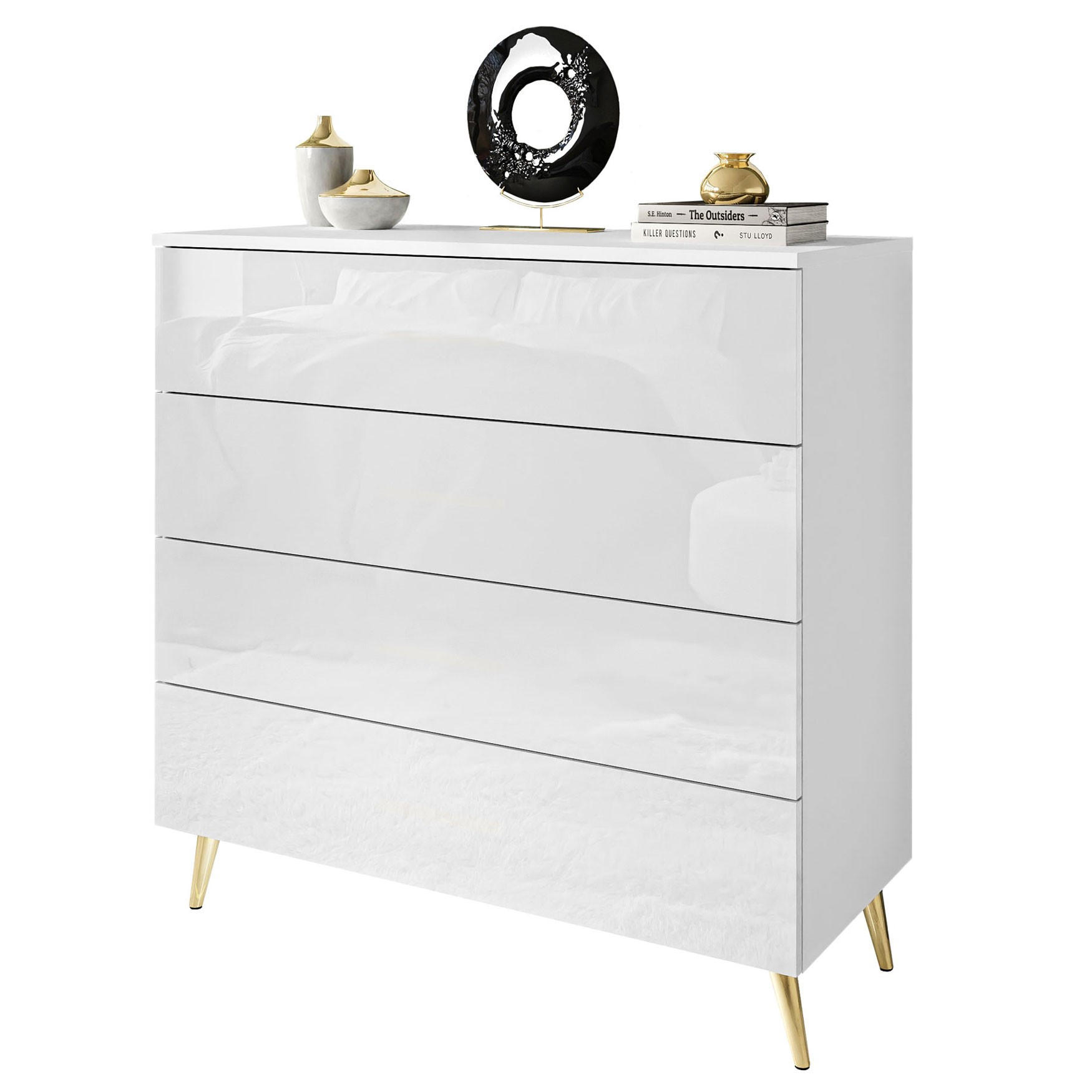 KOMMODE AURA PUSH OPEN mit Schubladen Beinfarbe – Gold - Goldfarben/Weiß, Holzwerkstoff (95/90/40cm) - Lookway