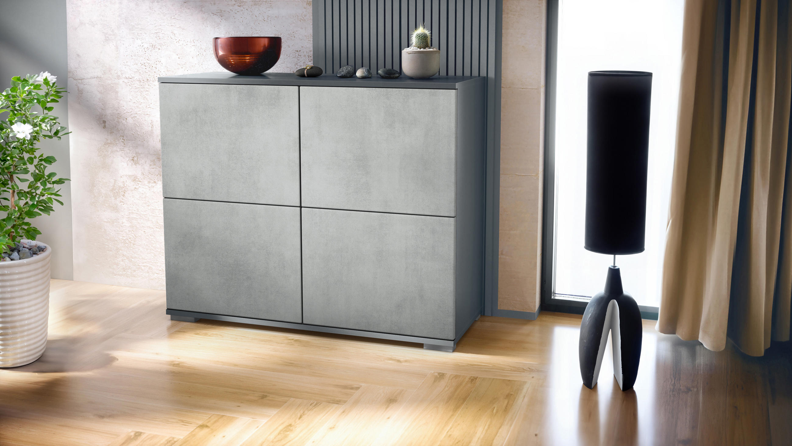 KOMMODE Rova Beton Oxid Optik - Hellgrau, Holzwerkstoff (92.5/75.5/35cm) - Vladon