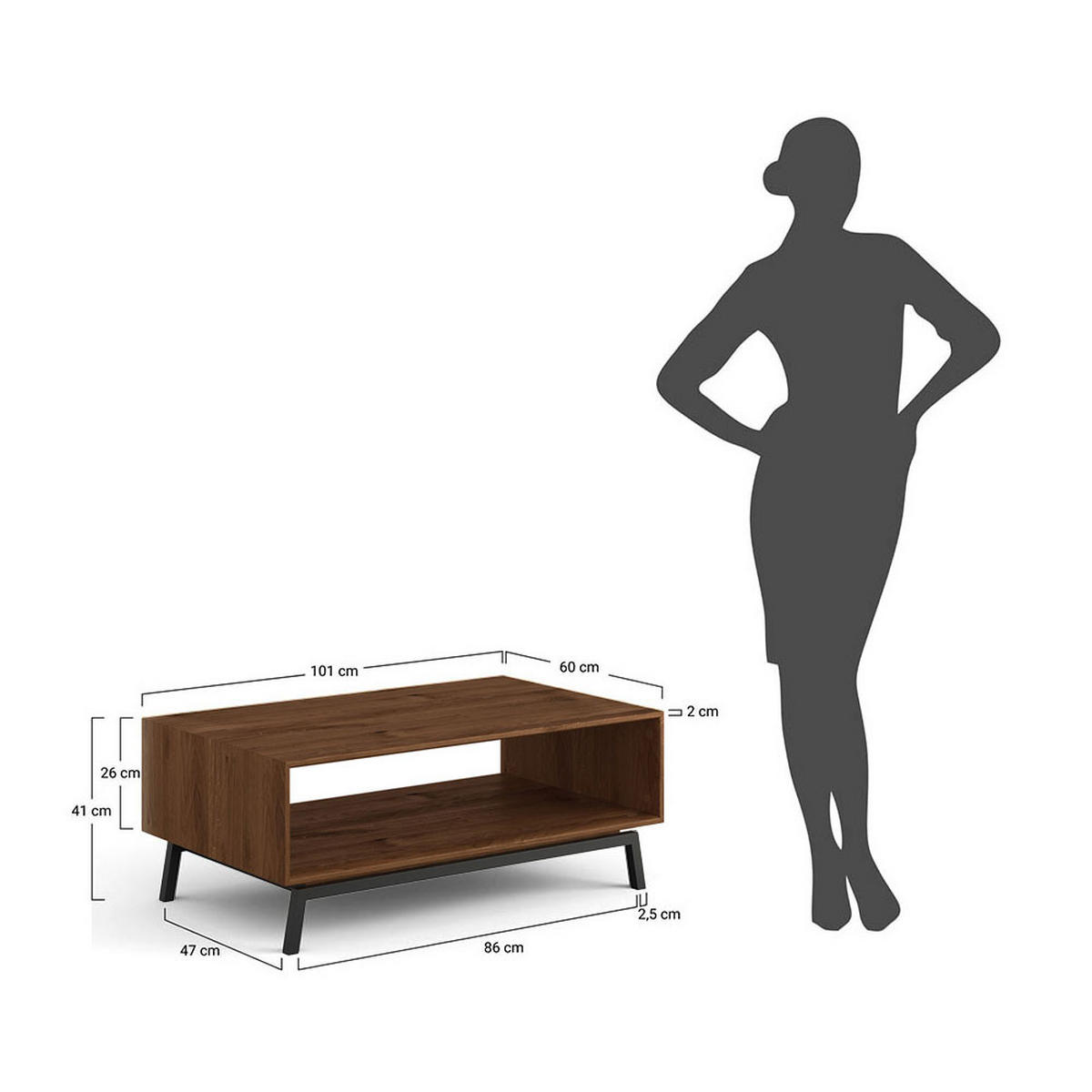 COUCHTISCH Modern Loft Eiche Tabak 101 / 60 / 41cm - Dunkelbraun/Schwarz, Holz/Metall (60/101/41cm) - Feldmann-Wohnen