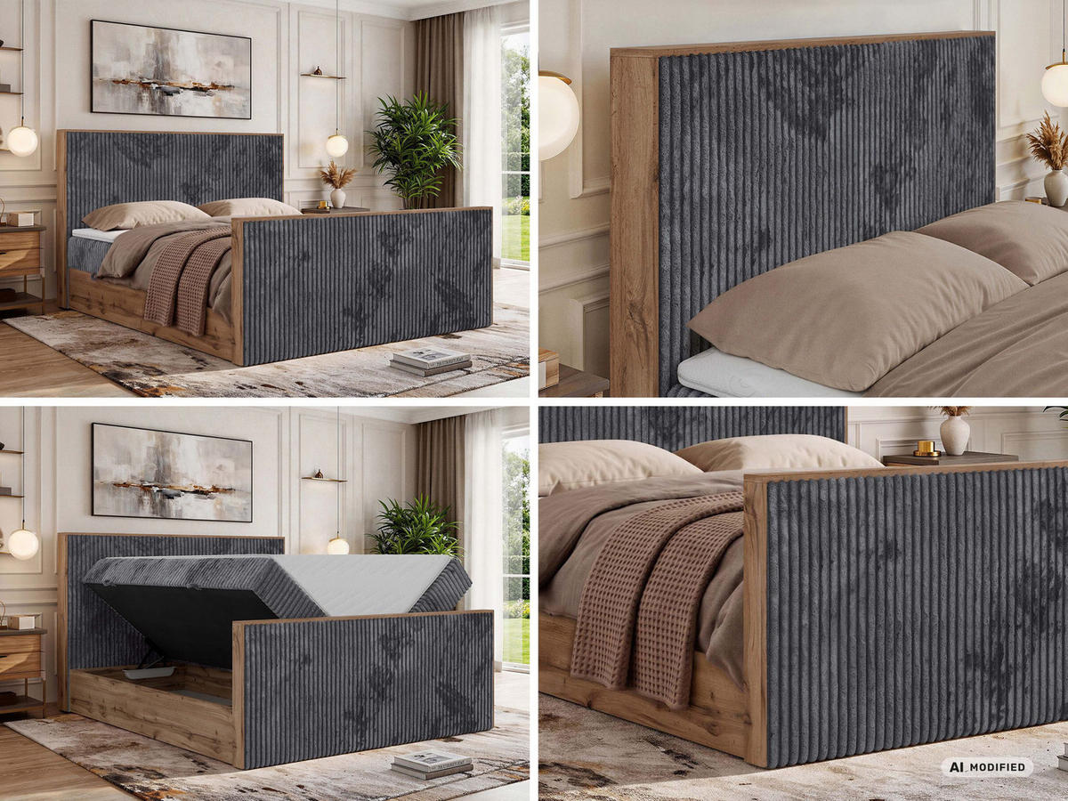 KONTINENTÁLNÍ POSTEL WOOD DUO 200/200 - Šedá Manšestr - Topper Visco - H3 - šedá/černá, textil/plast (200/200cm) - MKS