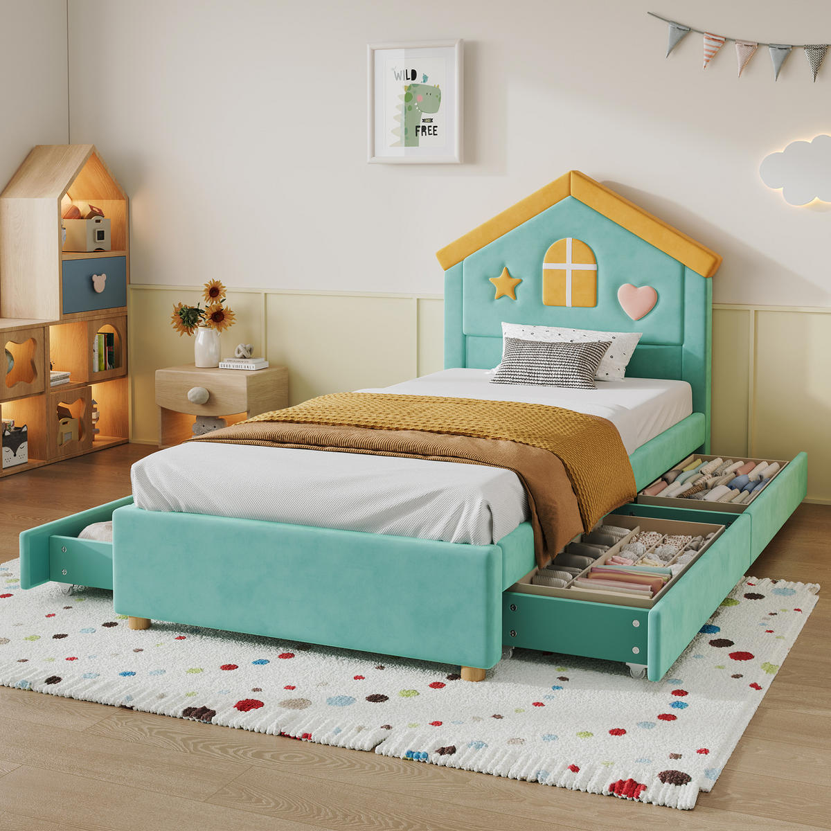 KINDER-POLSTERBETT 90x200 cm in Blaugrün mit Hauskopfteil und 4 Schubladen - Blau, Textil (90/200cm) - IVMEU
