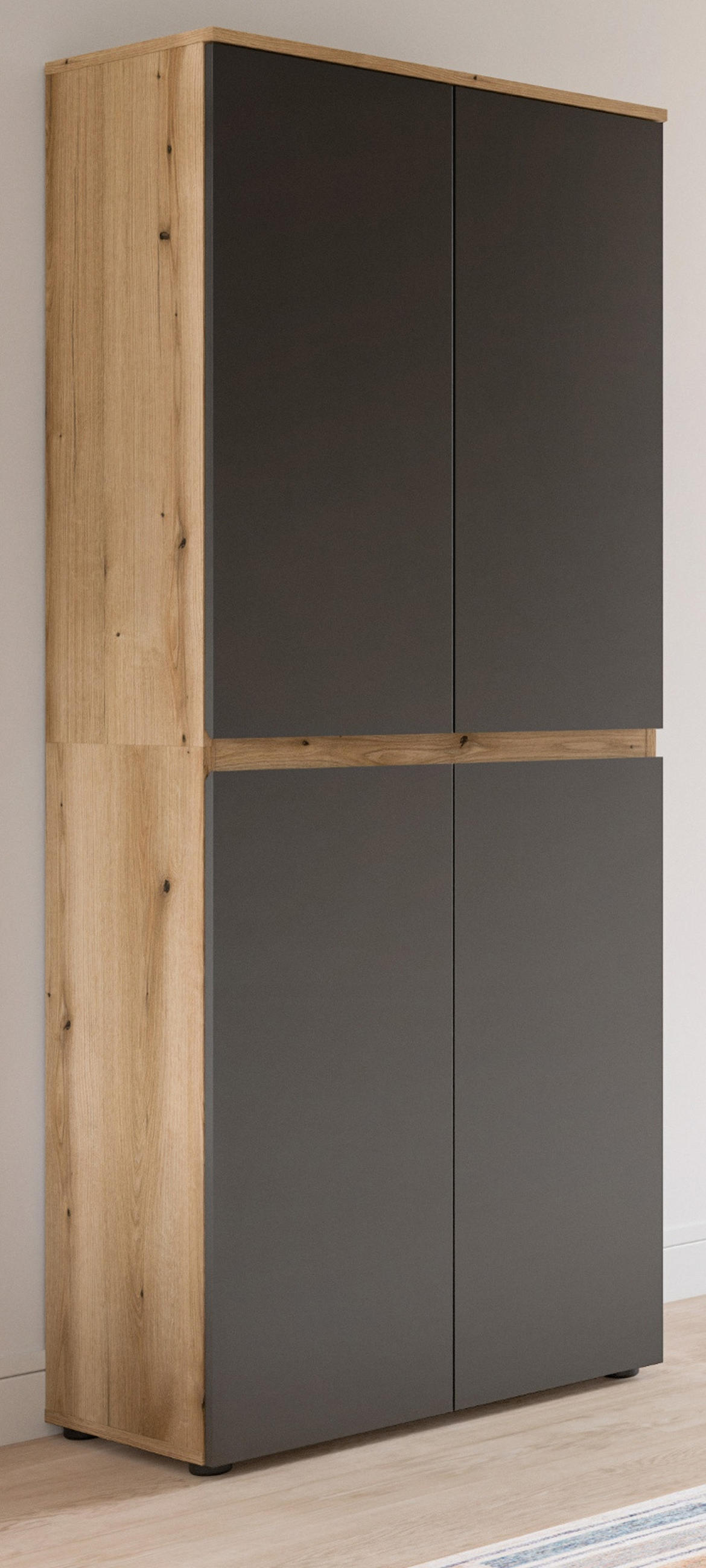 MEHRZWECKSCHRANK grau, Evoke Eiche 70 x 175 cm, Stauraumschrank 4-türig mit 9 Fächern - Eichefarben/Schwarz, Holzwerkstoff/Kunststoff (70/175/37cm) - Inn.Furn