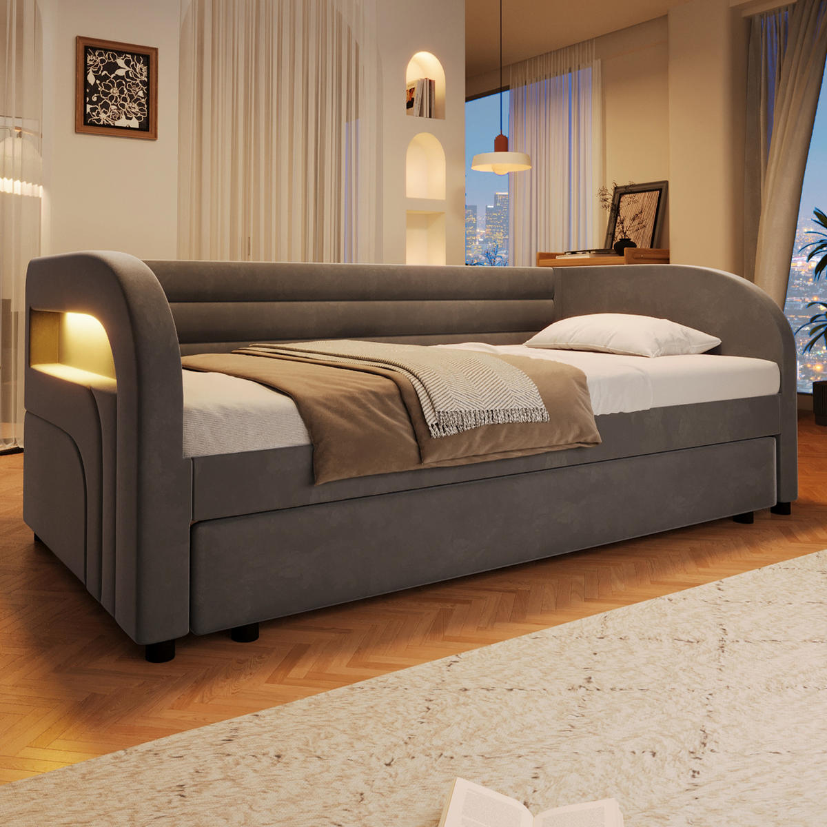 ČALOUNĚNÁ POSTEL 90/200 cm v šedé barvě s výsuvným lůžkem a LED - šedá, kov/kompozitní dřevo (90/200cm) - CHICFURN