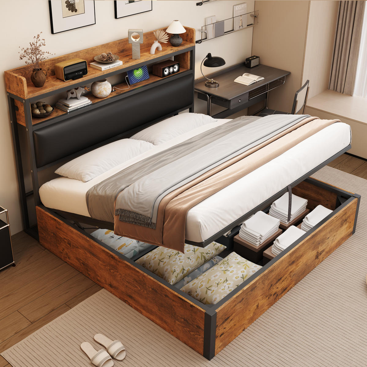 POLSTERBETT 180/200 cm schwarz aus Metall und Holz mit Hydraulik-Stauraum und USB - Schwarz, Metall (180/200cm) - OKWISH