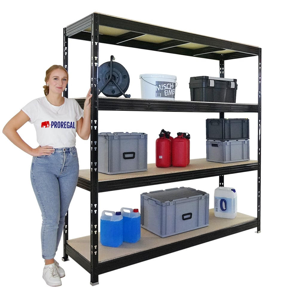 SCHWERLASTREGAL Rhino 200x200x60 cm 4 Spanplatten-Ebenen 16mm Fachlast 500 kg Schwarz - Schwarz, Metall (200/200/60cm) - PROREGAL