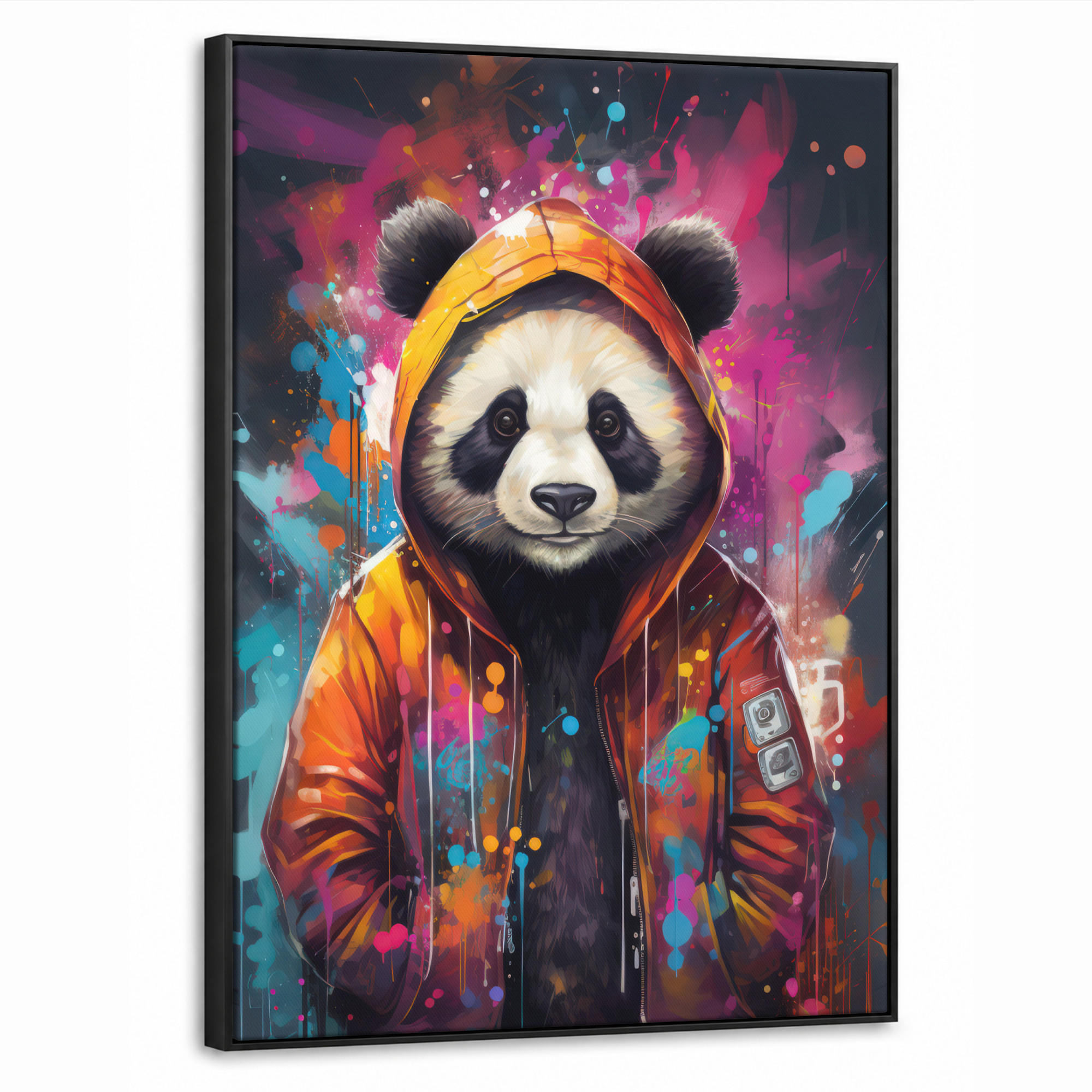 LEINWAND Bilder mit Rahmen - Panda - Jacke - Graffiti - Orange - 70x100 - Orange, Textil (70/100cm) - MuchoWow