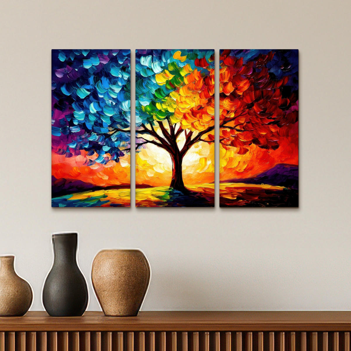 LEINWANDBILD 3er Set Baum - Farbenfroh - Malerei-Look - Abstrakt 60x40 cm - Multicolor, Textil (60/40cm) - MuchoWow