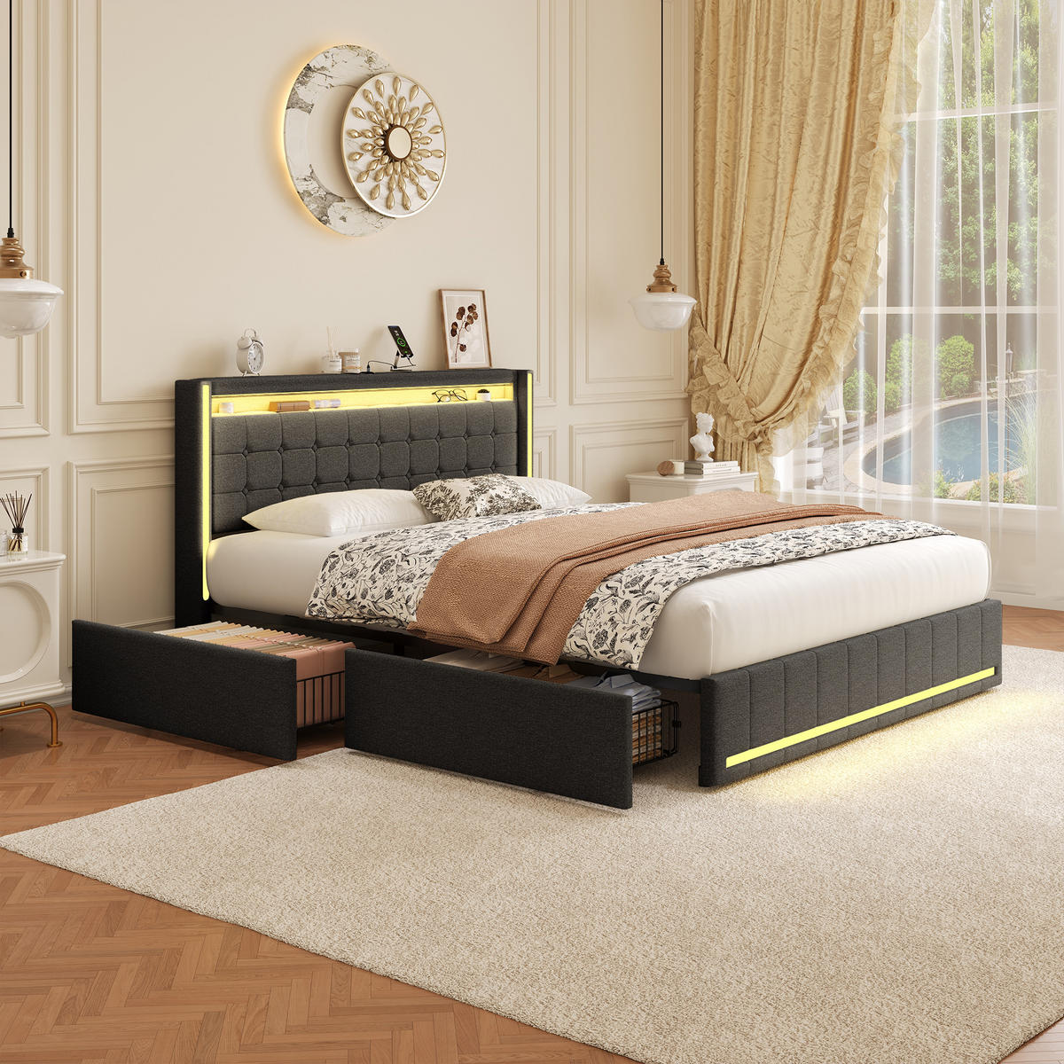 POLSTERBETT 140x200 cm dunkelgrau LED USB Stauraum Kopfteil - Grau, Metall (140/200cm)