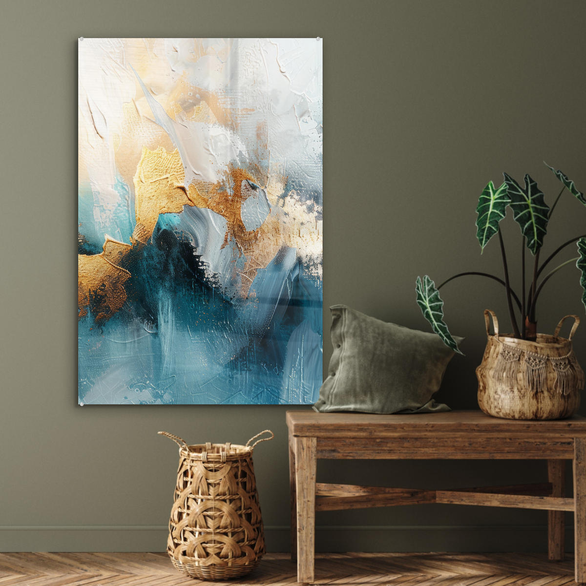 ACRYLGLASBILD Abstrakt - Kunst - Gold - Blau 60x90 cm - Petrol, Glas (60/90cm) - MuchoWow