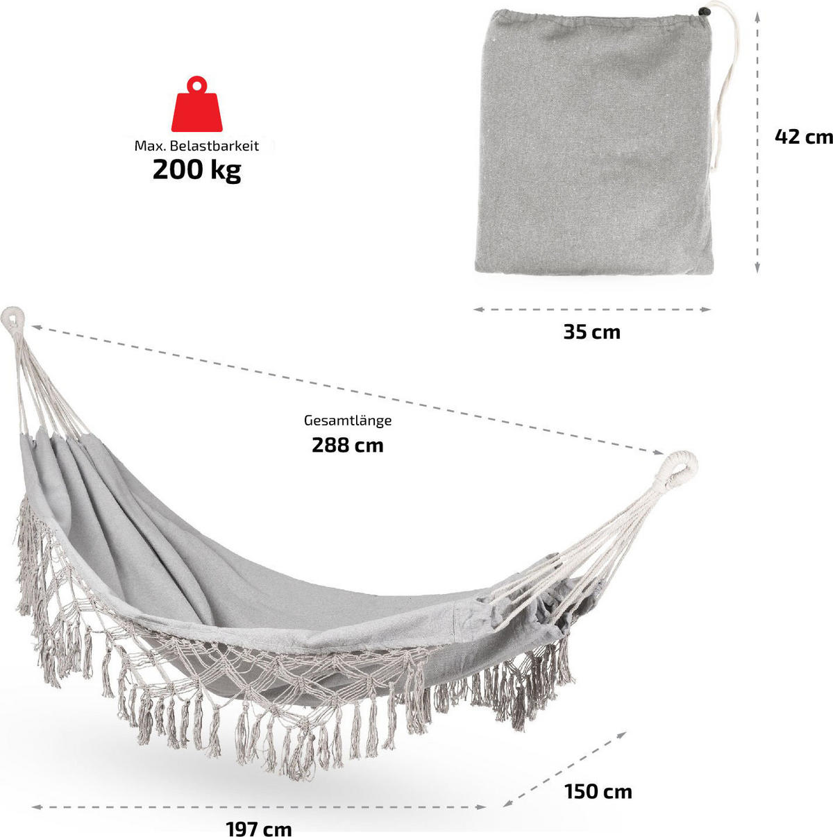 HÄNGEMATTE 200/150 cm, bis 200 kg - Grau, Textil (150/1/200cm) - Outtec
