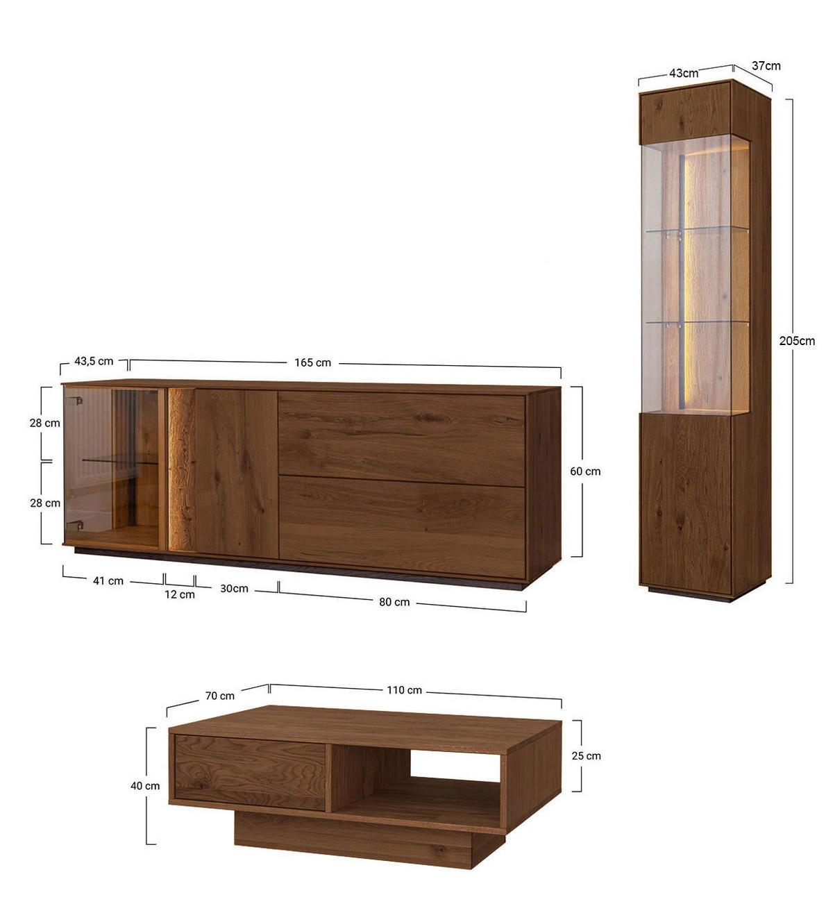 WOHNZIMMER-SET Collodi Wildeiche Tabak (3tlg) - Türanschlag links - Wildeiche/Eichefarben, Holz (318/205/70cm) - Feldmann-Wohnen