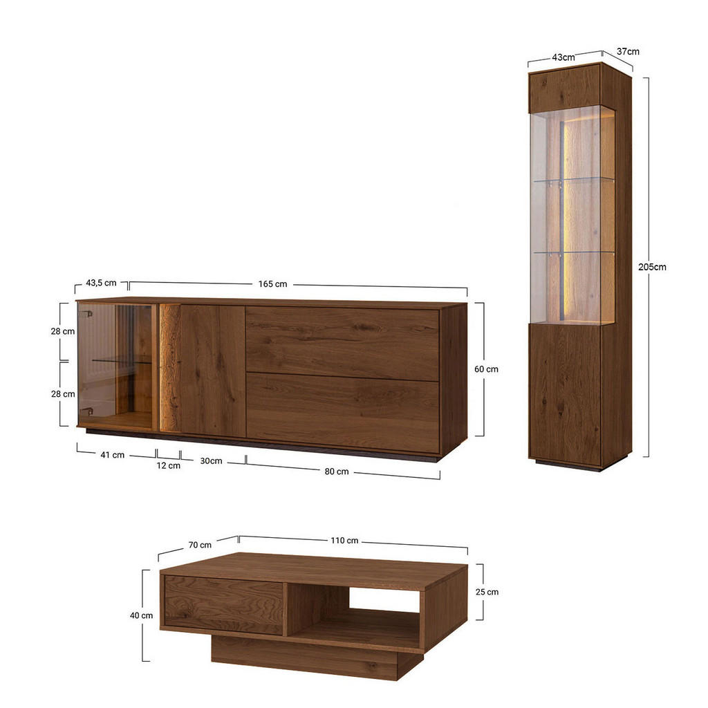 Thumbnail - Feldmann-Wohnen Wohnzimmer-Set, Eiche, Holz, 7 Fächer, 1 Schubladen, 318x205x70 cm, Wohnzimmer, Wohnwände, Wohnwand-Sets