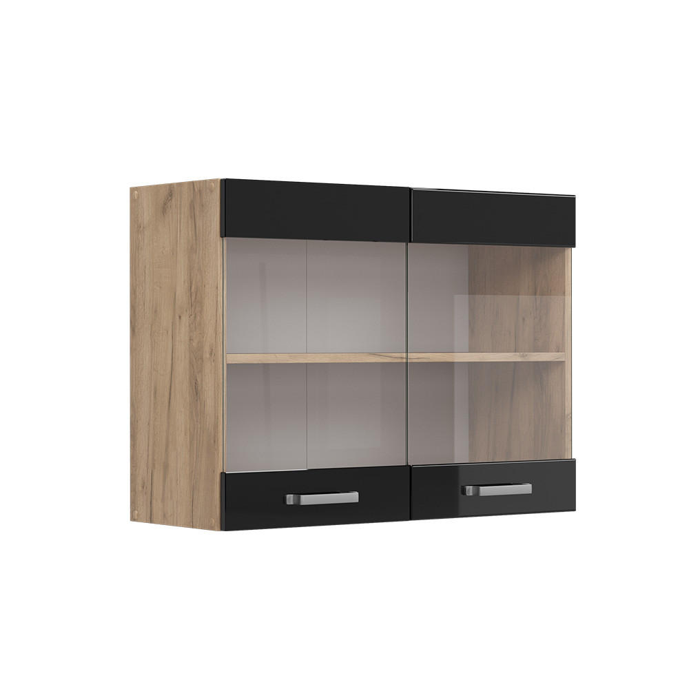 KÜCHENGLASSCHRANK R-Line Schwarz Hochglanz 80 cm - Honigeiche/Schwarz Hochglanz, Holzwerkstoff (80/60/31cm) - Vicco