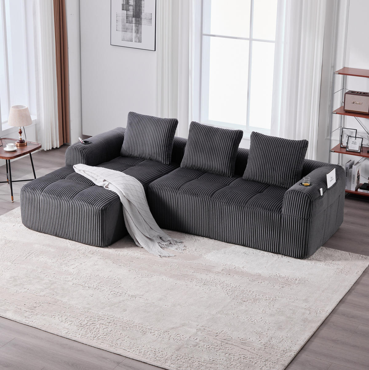 ECKSOFA aus Cord 253x158x61 cm in Dunkelgrau mit Seitenfach & Becherhalter - Dunkelgrau, Textil (158/253cm) - Modfu