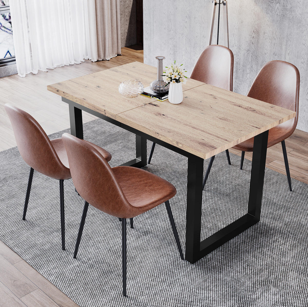 ESSTISCH ausziehbar Industrial-Stil MDF Schwarz + Natural - Schwarz, Metall (180/80/75cm) - Meubliv