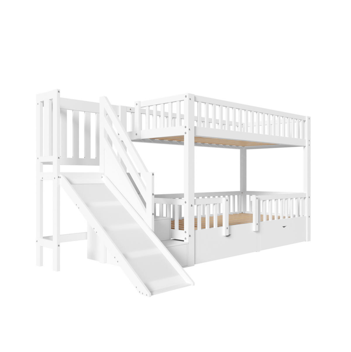 ETAGENBETT 90/200 cm mit Rutsche, Treppe, 2 Schubladen und magnetischer Tür aus Massivholz, Weiß - Weiß, Holz (90/200cm) - Redom