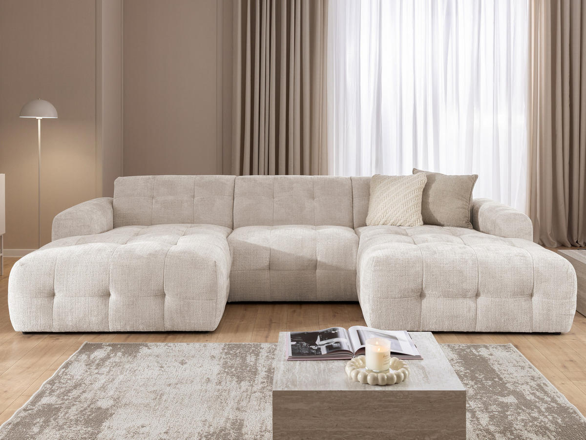 WOHNLANDSCHAFT Kozy im Bumpy-Design mit fester Rückenlehne aus weichem Beige Chenille-Stoff - Beige/Creme, Holz/Kunststoff (323/79/161cm) - S-Style Möbel