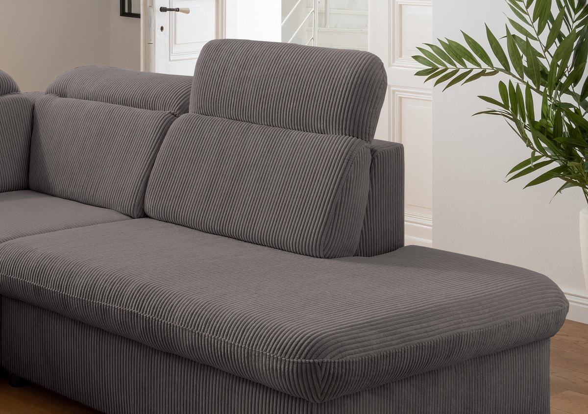 ECKSOFA mit Schlaffunktion, Bettkasten, Kopfstützen verstellbar, Wellenunterfederung, Ottomane rechts B283/T228/H102 cm, Cord Grau Anthrazit / 17217 - Chromfarben/Schieferfarben, Textil/Metall (283/228cm) - luma-home