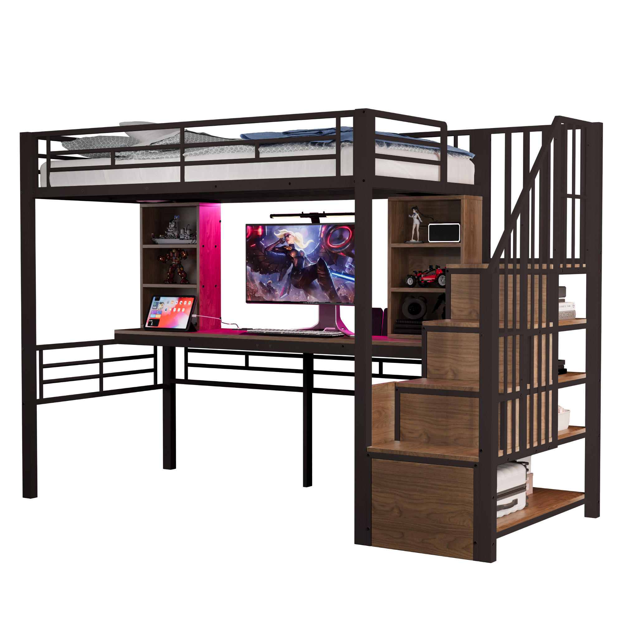 HOCHBETT 90/200 cm in Schwarz mit Stauraumtreppe, Schreibtisch, Steckdose und LED - Schwarz, Holzwerkstoff/Metall (90/200cm) - STILVORA