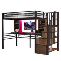 HOCHBETT 90/200 cm in Schwarz mit Stauraumtreppe, Schreibtisch, Steckdose und LED - Schwarz, Holzwerkstoff/Metall (90/200cm) - STILVORA