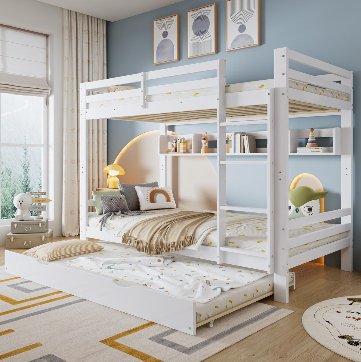 ETAGENBETT 90/200 cm Weiß mit Ausziehbett und Regal - Weiß, Holz (90/200cm) - Flora Grace