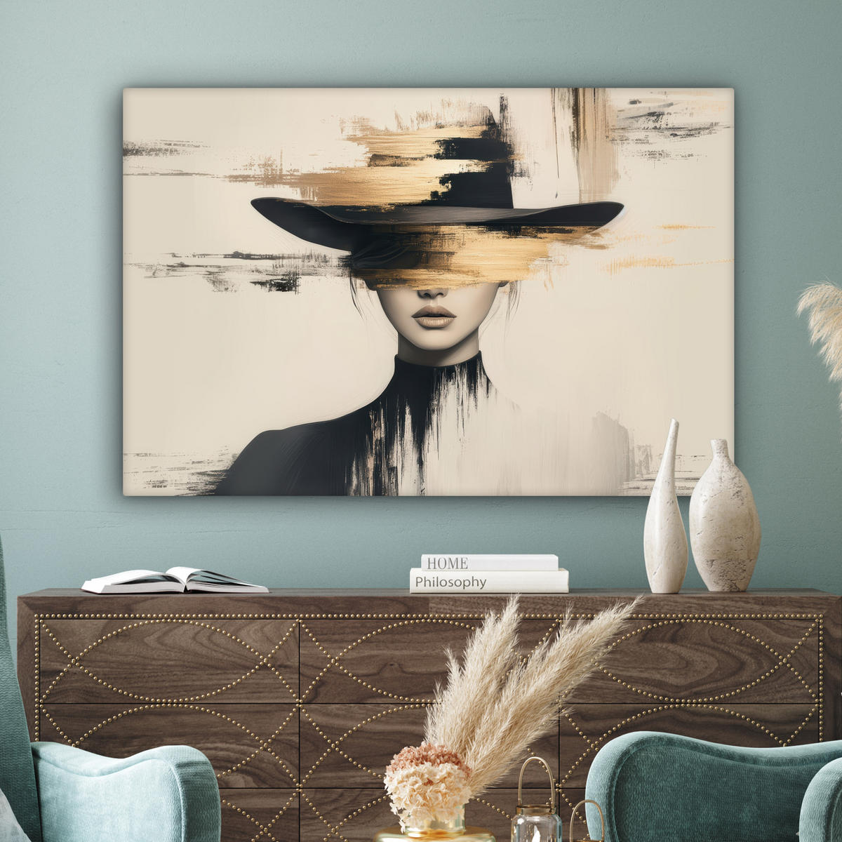 LEINWANDBILD Frau - Hut - Farbe XXL 150x100 cm - Goldfarben, Textil (150/100cm) - MuchoWow