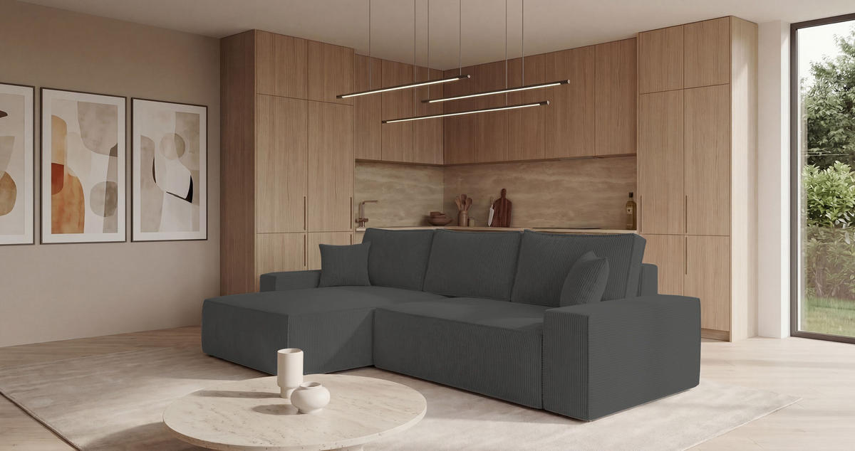ECKSOFA California mit Schlaffunktion Dunkelgrau Links - Dunkelgrau, Textil (185/280cm) - Cornero