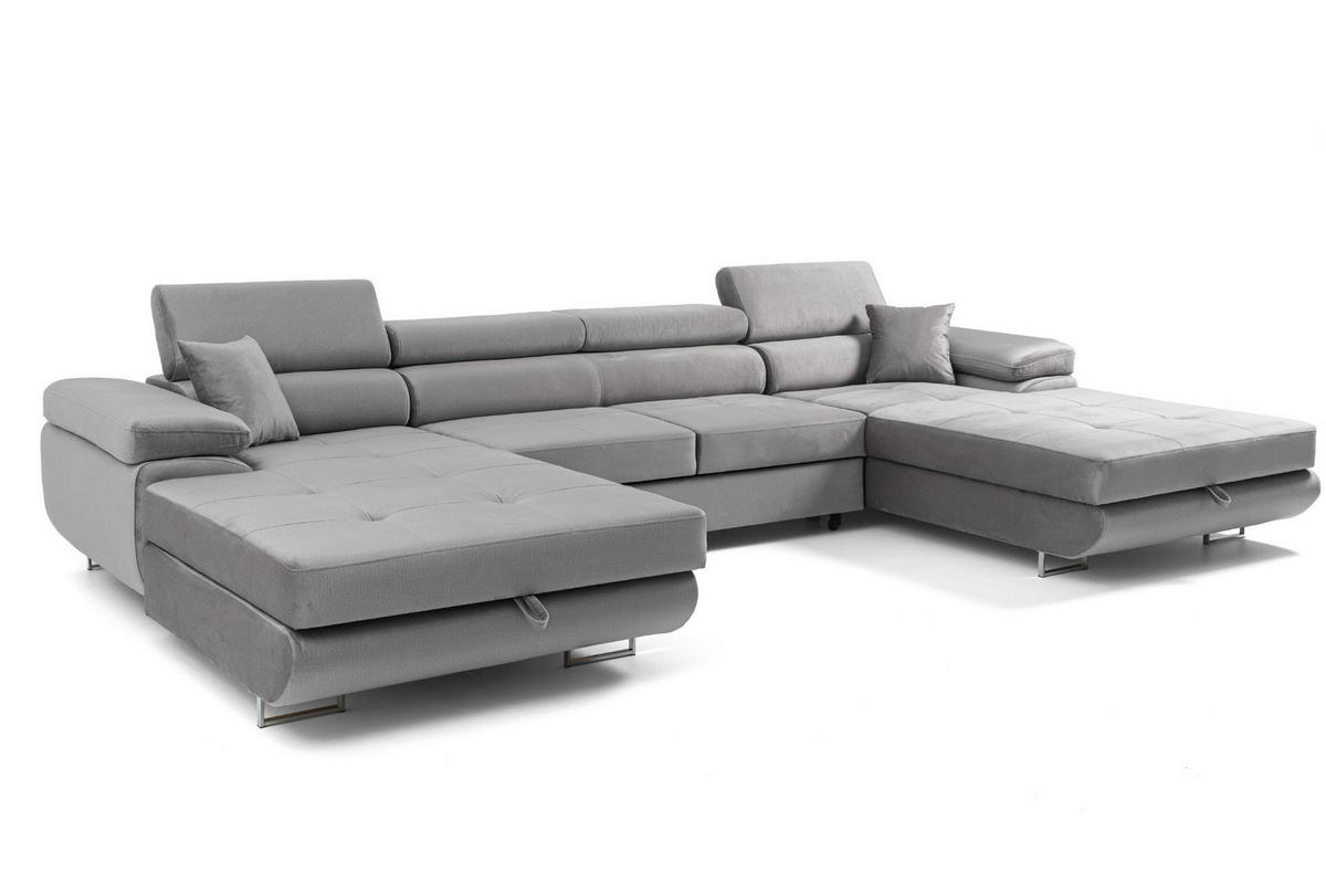 ECKSOFA U-Form ALONZO U mit Schlaffunktion 130x280 Velours Grau - Silberfarben/Grau, Holz/Textil (350/90/203cm) - Muffo