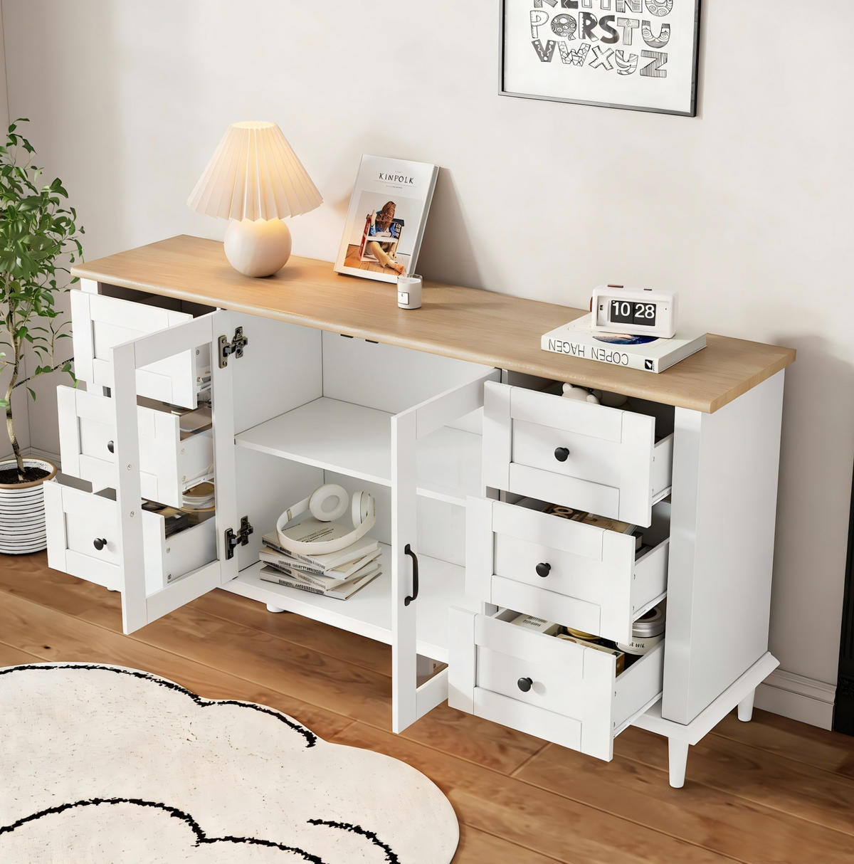 SIDEBOARD 150/40/75 cm Weiß und Holzton aus MDF mit LED-Beleuchtung - Weiß, Holzwerkstoff (40/75/150cm) - OKMYHOME