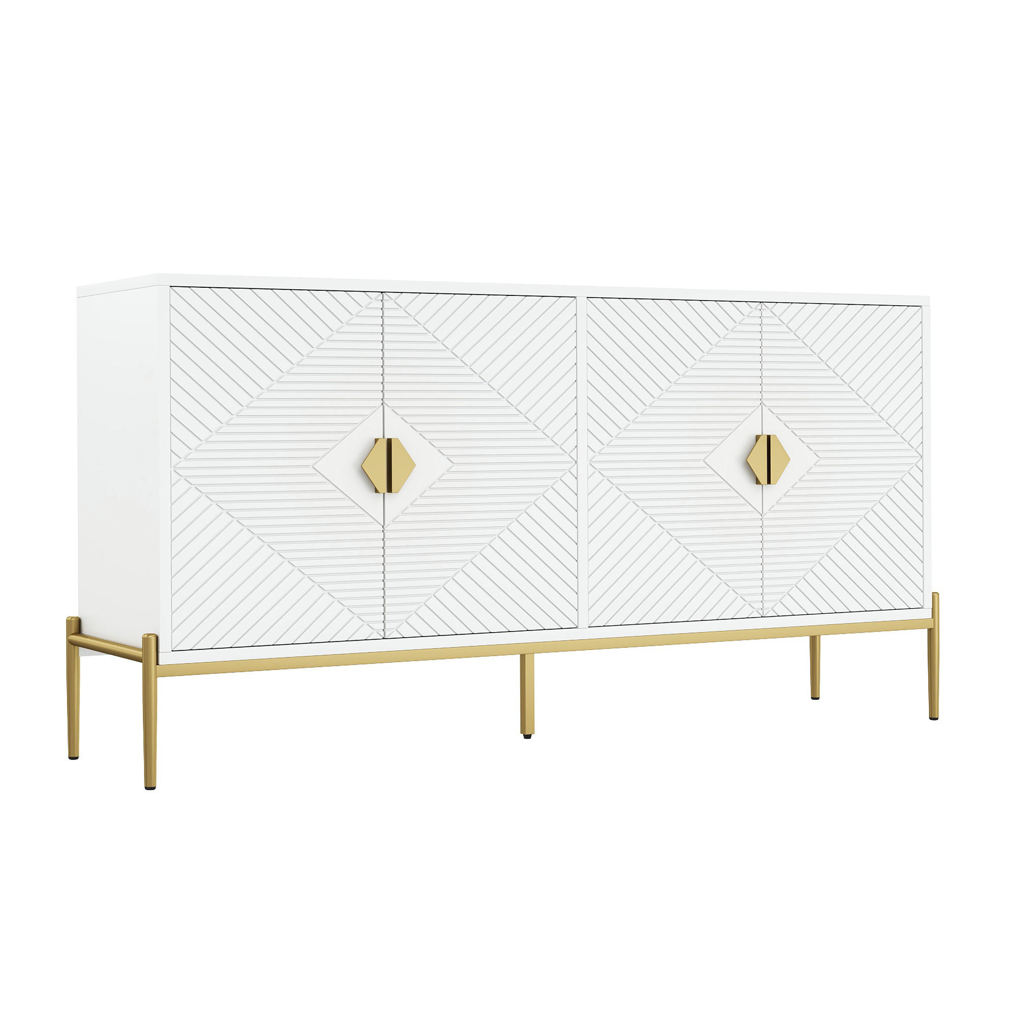 BUFET alb cu picioare aurii și 4 uși, design geometric, 162×80 cm