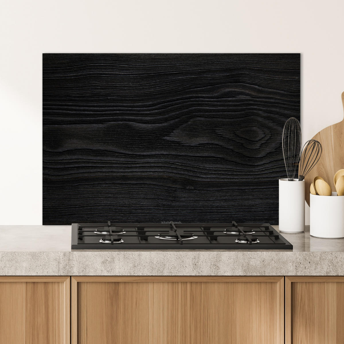 SPRITZSCHUTZ KÜCHE Schwarz - Holzoptik 80x55 cm - Schwarz, Metall (80/0.3/55cm) - MuchoWow