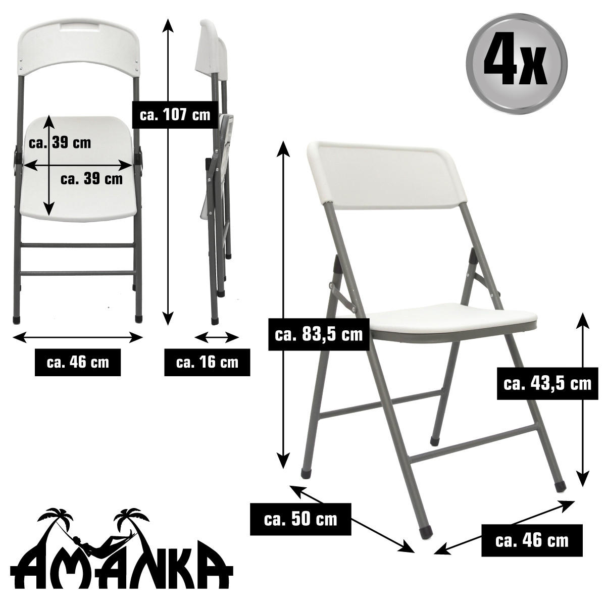 KLAPPSTÜHLE 4er Set bis 150kg 50x46x83,5 cm - Weiß, Kunststoff (50/83.5/46cm) - Amanka