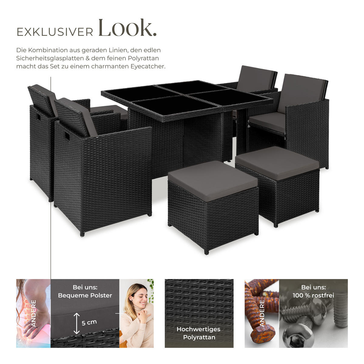 RATTAN SITZGRUPPE Manhattan,2 Bezugssets, zusammenschiebbar, inklusive Schutzhülle,schwarz - Schwarz, Kunststoff - tectake