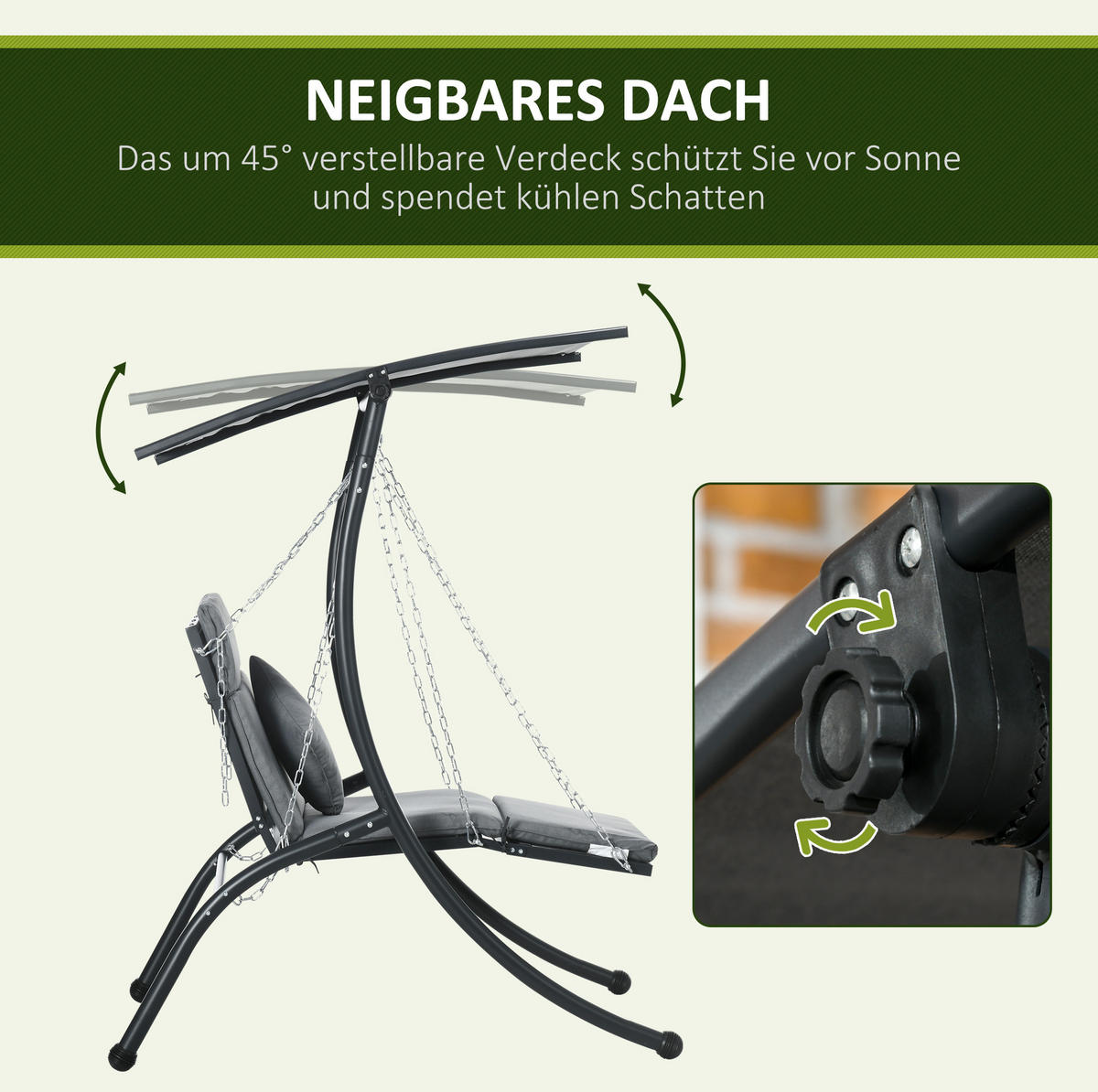 HOLLYWOODSCHAUKEL 108/145/169 cm mit verstellbarem Dach und Liegefunktion, Dunkelgrau - Dunkelgrau, Metall (145/169/108cm) - Redom